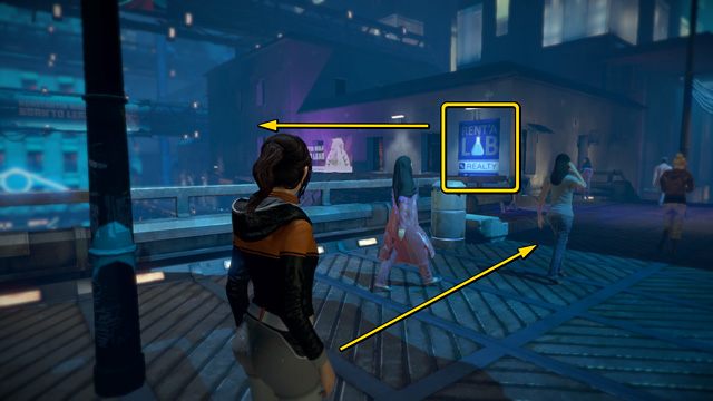 Budynek na lewo od owych schodów to miejsce pracy Zoe (zaraz z brzegu widać wielką granatową reklamę LAB) - Umieść glony w rzece (dawna ścieżka) | Rozdział drugi - Przebudzenia - Europolis - Dreamfall: Chapters - Księga 1 - poradnik do gry