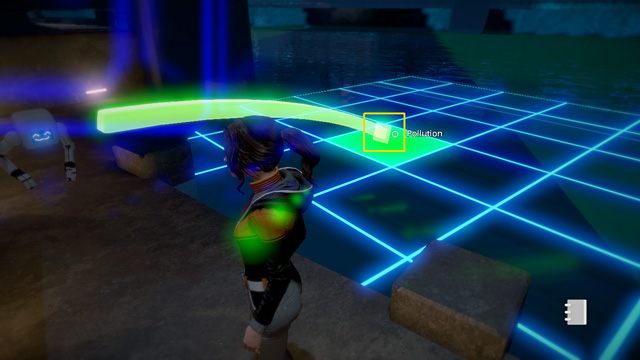 Kiedy znajdziecie się w pierwszym ustalonym rejonie, Kidbot wybierze na siatce odpowiednie pole (zanieczyszczone) do umieszczenia tam glonów - Umieść glony w rzece (dawna ścieżka) | Rozdział drugi - Przebudzenia - Europolis - Dreamfall: Chapters - Księga 1 - poradnik do gry