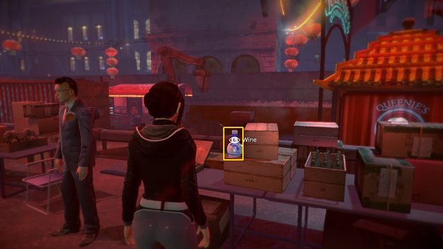 Zauważ, że elegancki sprzedawca w garniturze i okularach ma na swoim stoisku ten sam trunek - Porozmawiaj z Queenie | Rozdział drugi - Przebudzenia - Europolis - Dreamfall: Chapters - Księga 1 - poradnik do gry
