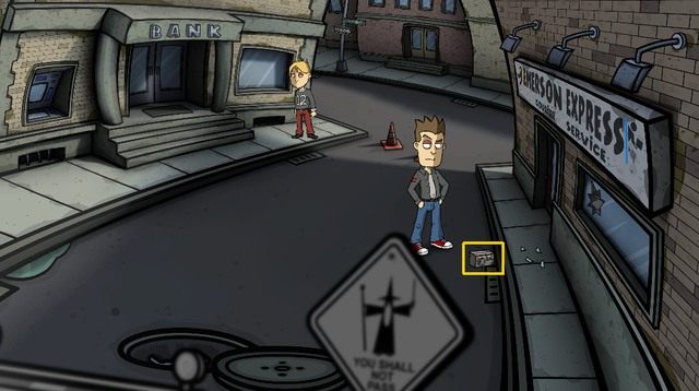 Wejdź do budynku po prawej (Emerson Express), a po burzliwej rozmowie z szefem opuść go - Opchnij trochę rupieci - Dzień 1 - poniedziałek - Pudełko pełne śmieci i zbyt dużo wolnego czasu - Randals Monday - poradnik do gry