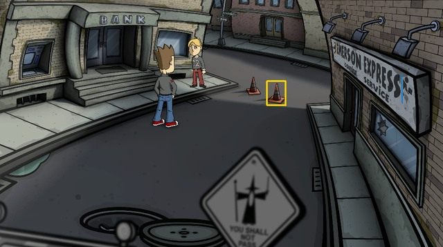 Tą samą trasą wróć do środka, opuść budynek i teraz udaj się pod Emerson Express, miejsce pracy Randala, skąd zabierz jeden z pachołków drogowych stojących przy wylocie ulicy - Zorganizuj akcesoria imprezowe - Dzień 5 - poniedziałek - Dopóki siła magnum nas nie rozłączy - Randals Monday - poradnik do gry