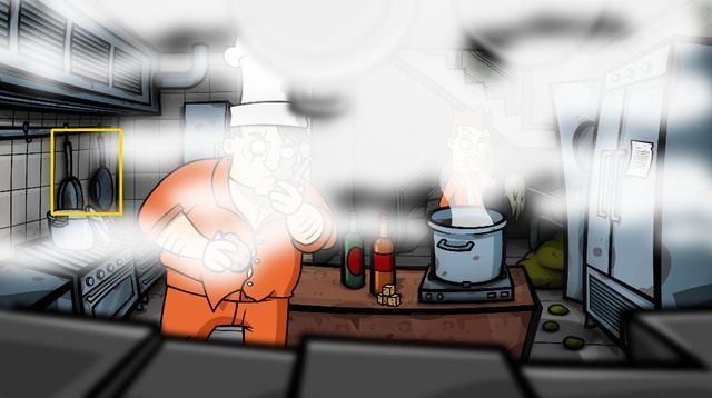 Kiedy kuchnia wypełni się parą, skradnij wiszące na ścianie po lewej patelnię i wok, po czym maszeruj na podwórko - Zdobądź czasopismo - Dzień 6 - poniedziałek - Palisz? Nie, dziękuję, staram się rzucić - Randals Monday - poradnik do gry