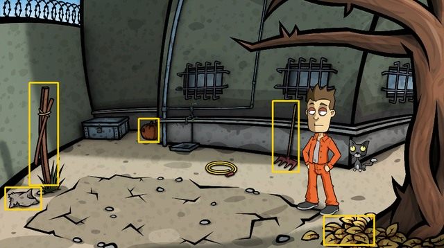 A zatem podnieś porzucony przy starym kijku, będącym pozostałością jakiejś konstrukcji (po lewej), worek, a następnie zbierz trochę liści spod drzewa i ulokuj je w tymże worku - Zdobądź nawóz - Dzień 6 - poniedziałek - Palisz? Nie, dziękuję, staram się rzucić - Randals Monday - poradnik do gry