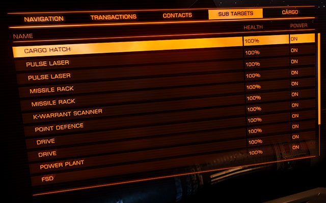 W tej zakładce znajduje się lista poszczególnych komponentów zamontowanych na wcześniej zaznaczonym i zeskanowanym statku - (Lewy) Panel celu | Interfejs na statku w Elite Dangerous - Elite: Dangerous - poradnik do gry