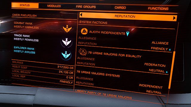 W pierwszej zakładce znajdziesz szczegółowe informacje na temat swojego pilota - (Prawy) Panel Systemowy | Interfejs na statku w Elite Dangerous - Elite: Dangerous - poradnik do gry