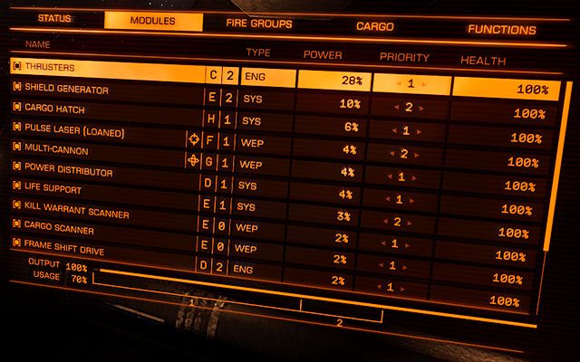W tej zakładce znajdziesz wszystkie pod-systemy swojego statku - od uzbrojenia po system podtrzymywania życia - (Prawy) Panel Systemowy | Interfejs na statku w Elite Dangerous - Elite: Dangerous - poradnik do gry