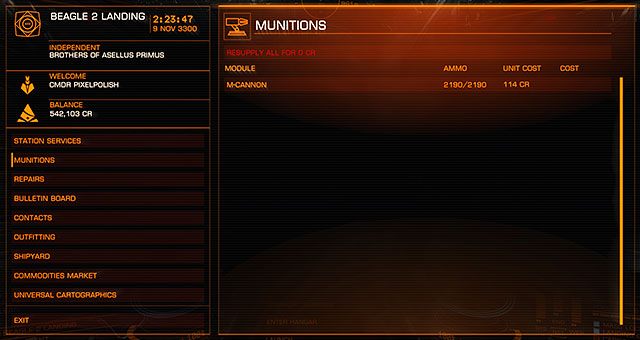 W tym oknie możesz uzupełnić zapas amunicji dla każdej broni i każdego sprzętu, który jej wymaga - Okno główne | Interfejs na stacjach w Elite Dangerous - Elite: Dangerous - poradnik do gry