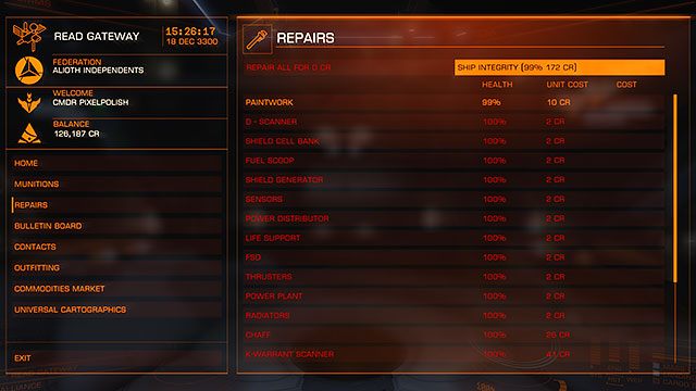 W oknie napraw możesz podreperować każdy poszczególny komponent statku z osobna, lub wszystkie na raz - Okno główne | Interfejs na stacjach w Elite Dangerous - Elite: Dangerous - poradnik do gry