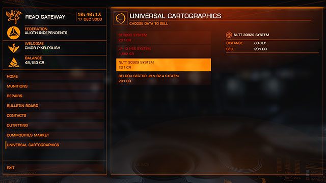 Ostatnia pozycja na liście usług stacji to interfejs służący do sprzedaży map galaktyki - Okno główne | Interfejs na stacjach w Elite Dangerous - Elite: Dangerous - poradnik do gry