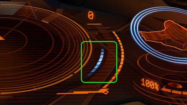 Niebieski środek przesuwa się w zależności od ilości mocy przekierowanej na silniki oraz zależnie od masy oraz wydajności sterów strumieniowych statku. - Podstawy | Sześcio-stopniowy model lotu w Elite Dangerous - Elite: Dangerous - poradnik do gry