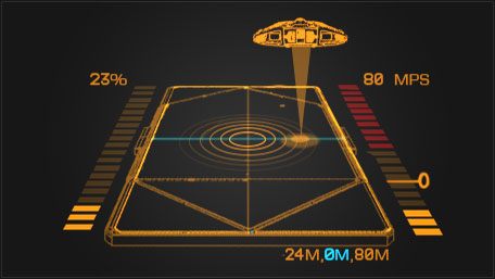 Kiedy znajdziesz się już dokładnie nad płytą lądowiska, w miejscu radaru pojawi się nieco inny hologram, przedstawiony na powyższej ilustracji - Dokowanie manualne | Dokowanie i start w Elite Dangerous - Elite: Dangerous - poradnik do gry