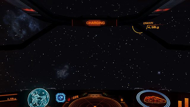 W czasie gdy napęd się ładuje, ustawiamy statek tak, aby nasz punkt docelowy widoczny był na środku ekranu - Frame Shift Drive | Podróżowanie w Elite Dangerous - Elite: Dangerous - poradnik do gry