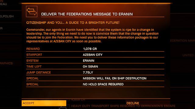 Najbardziej polecanym typem misji kurierskich dla nowych pilotów jest transport danych - Profesje | Zarabianie pierwszych pieniędzy w Elite Dangerous - Elite: Dangerous - poradnik do gry