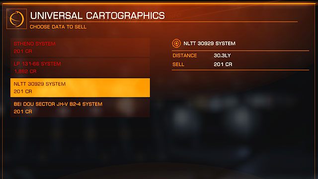 Po zebraniu informacji o wszystkich interesujących nas układach należy wybrać się na dowolną stację kosmiczną, przejść do zakładki universal cartographics i sprzedać nasze mapy - Profesje | Zarabianie pierwszych pieniędzy w Elite Dangerous - Elite: Dangerous - poradnik do gry