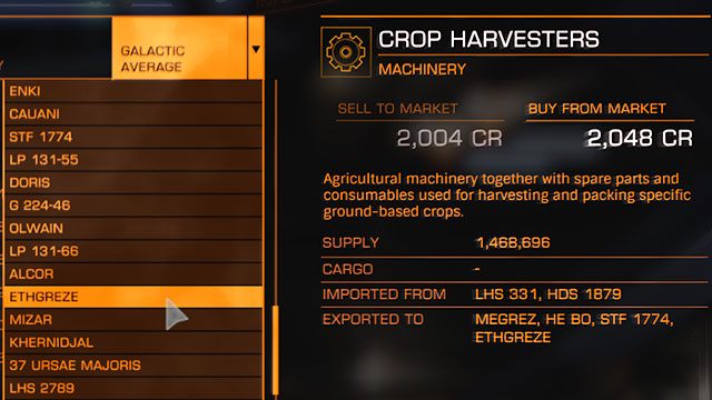 Teraz musimy znaleźć stację w takim układzie gwiezdnym, w którym jest duże zapotrzebowanie na towar, który uprzednio zakupiliśmy - Profesje | Zarabianie pierwszych pieniędzy w Elite Dangerous - Elite: Dangerous - poradnik do gry