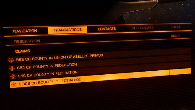 Informację o wszystkich oczekujących nagrodach znajdziesz w lewym panelu, w zakładce transakcje - Profesje | Zarabianie pierwszych pieniędzy w Elite Dangerous - Elite: Dangerous - poradnik do gry