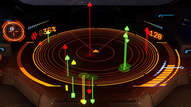 Po wybraniu jednej ze stron, radar odzwierciedli naszą przynależność poprzez zaznaczenie sojuszników na zielono, a wrogów na czerwono - Profesje | Zarabianie pierwszych pieniędzy w Elite Dangerous - Elite: Dangerous - poradnik do gry