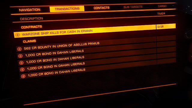 Liczbę zlikwidowanych statków, sumę uzbieranych za to kredytów oraz aktualny stan misji możemy sprawdzić w lewym panelu, w zakładce transakcje - Profesje | Zarabianie pierwszych pieniędzy w Elite Dangerous - Elite: Dangerous - poradnik do gry