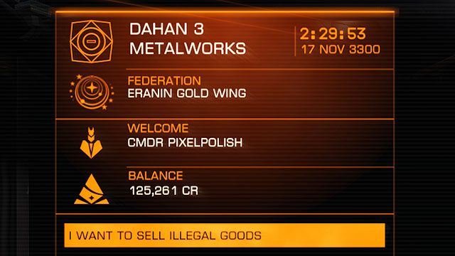 Po udanym cichym lądowaniu otwórz panel kontaktów, po czym z uśmiechem na twarzy sprzedaj swój lewy towar na czarnym rynku - Profesje | Zarabianie pierwszych pieniędzy w Elite Dangerous - Elite: Dangerous - poradnik do gry