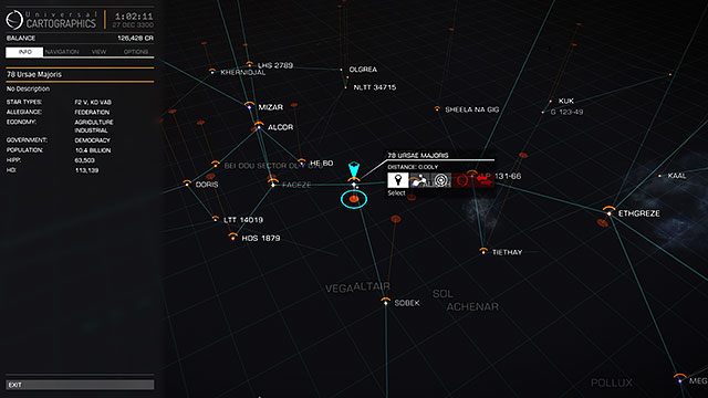 Pierwsze co zobaczysz po otworzeniu okna mapy (sugeruję przypisanie klawisza [M] do tej funkcji, ponieważ domyślnie mapę można otworzyć tylko z poziomu lewego panelu w zakładce nawigacja) to stosunkowo niewielki obszar wokół systemu w którym się znajdujesz oraz legendę wraz z opisem - Mapa Galaktyki | Uzbrojenie i walka w Elite Dangerous - Elite: Dangerous - poradnik do gry