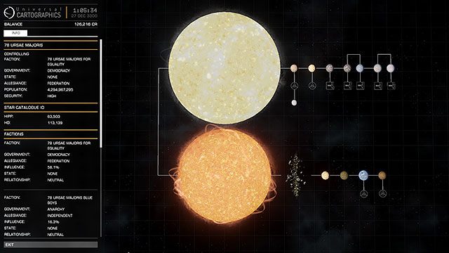 Jeśli interesują Cię bardzo szczegółowe informacje na temat danego układu, wystarczy że klikniesz przycisk system view pojawiający się po najechaniu myszą na gwiazdę - Mapa Galaktyki | Uzbrojenie i walka w Elite Dangerous - Elite: Dangerous - poradnik do gry