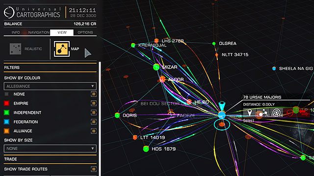 W widoku mapy mamy także możliwość wyświetlenia tras handlowych - Mapa Galaktyki | Uzbrojenie i walka w Elite Dangerous - Elite: Dangerous - poradnik do gry