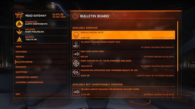 Ważnym źródłem dochodu w Elite: Dangerous jest biuletyn ogłoszeniowy, który można znaleźć na niemal każdej stacji kosmicznej - Biuletyn Ogłoszeniowy | Zarabianie pierwszych pieniędzy w Elite Dangerous - Elite: Dangerous - poradnik do gry