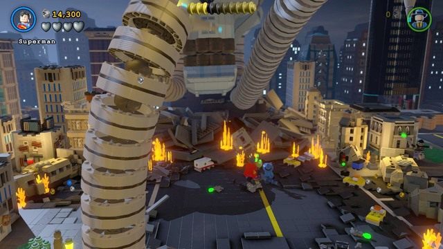 Podczas ostatniej fazy walki z Brainiaciem podejdź do jego statki i ugaś pożar za pomocą Batmana w stroju arktycznym lub Supermana - Minizestawy | Małe Gotham Duży Problem - sekrety w Lego Batman 3 Poza Gotham - LEGO Batman 3: Poza Gotham - poradnik do gry