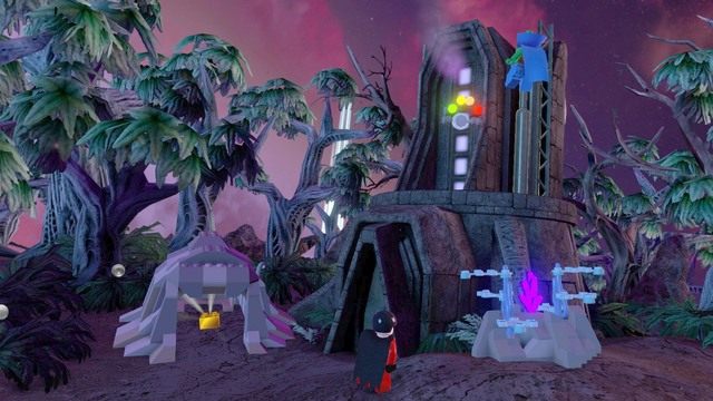 Żeby odblokować dostęp do złotego klocka na dole musisz strzelić do kolorowej tarczy zawieszonej na ścianie świątyni - Złote Klocki | Nok - sekrety w Lego Batman 3 Poza Gotham - LEGO Batman 3: Poza Gotham - poradnik do gry