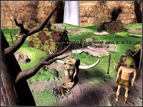 Rozejrzałem się po wiosce: w palenisku znalazłem spiczasty kamień, nieopodal kij, na środku zioła, dzbanek, kilka starych kości i skórzany rzemyk - PREHISTORYCZNA WIOSKA - część 2 | Strażnik Czasu - Strażnik Czasu - poradnik do gry