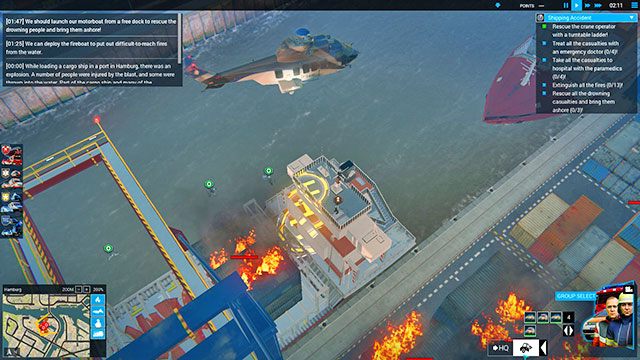 Medykiem opatrz rany robotnika ściągniętego z żurawia i zawieś go do szpitala - Shipping Accident | Hamburg - zadania główne | Emergency 5 - Symulator Misji Ratunkowych: Emergency 5 - poradnik do gry