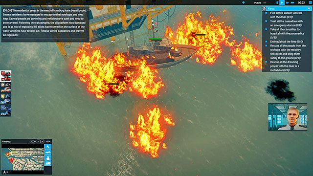 Na początku misji wyślij obie Fireboat do płonącej platformy wiertniczej - Flood | Hamburg - zadania główne | Emergency 5 - Symulator Misji Ratunkowych: Emergency 5 - poradnik do gry