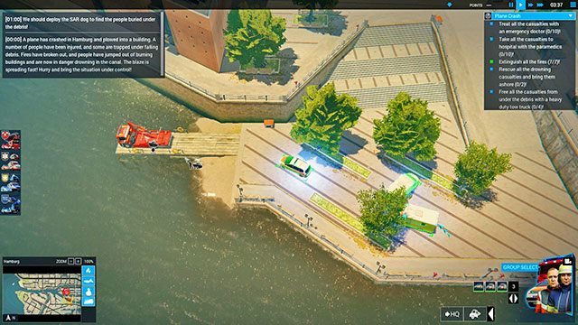 W czasie, gdy łódź będzie jechała na swoje miejsce, wyślij straż pożarną na teren wypadku - Plane Crash | Hamburg - zadania główne | Emergency 5 - Symulator Misji Ratunkowych: Emergency 5 - poradnik do gry