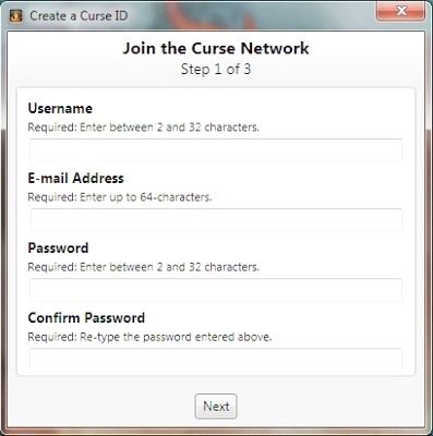 Proces tworzenia konta składa się z trzech krótkich etapów - Curse | Polecane Addony w World of Warcraft Warlords of Draenor - World of Warcraft: Warlords of Draenor - poradnik do gry