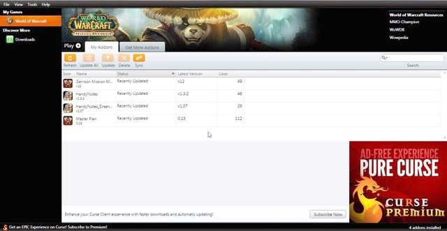 W pierwszej zakładce My Addons możemy przeglądać jakie addony do tej pory zainstalowaliśmy - Curse | Polecane Addony w World of Warcraft Warlords of Draenor - World of Warcraft: Warlords of Draenor - poradnik do gry