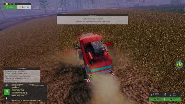 Gdy otrzymasz komunikat, że kombajn zaraz zostanie zapełniony zwolnij tempo prac i uważaj na przepełnienie. - Zbiór, sprzedaż, magazynowanie | Praca na polu w Symulator Farmy 2015 - Symulator Farmy 2015 - poradnik do gry