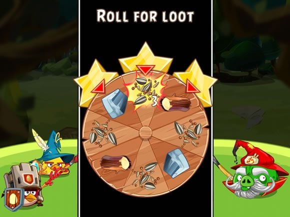 Tak wygląda losowanie nagród - trzy przedmioty zaznaczone czerwoną strzałką zostaną wyciągnięte. - The Wheel of Fortune | Dodatkowe informacje | Angry Birds Epic - Angry Birds Epic - poradnik do gry