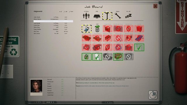 Tablica, w której możesz przydzielać sojuszników do pracy w schronisku - Praca i ulepszenia | Schronisko - Dead State - poradnik do gry