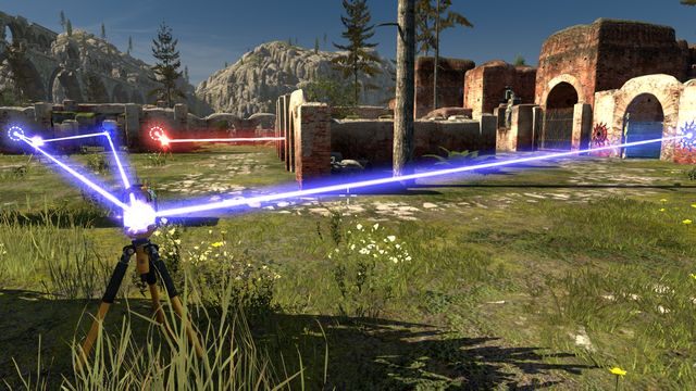 Przejdź z nim do tyłu i połącz niebieski przycisk bramy oraz źródło niebieskie, z przyciskiem od bramy zewnętrznej - prowadzącej do uwolnienia robota - Ray Trivia | Road to Gehenna (DLC) - Świat 3 | The Talos Principle - The Talos Principle - poradnik do gry