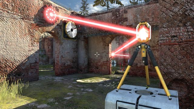 Połóż teraz OBA złącza na sześcianach: pierwszy połącz ze źródłem i przyciskiem od pionowego wentylatora, drugi zaś z pierwszym złączem oraz przyciskiem od wentylatora poziomego - BFF | Road to Gehenna (DLC) - Świat 3 | The Talos Principle - The Talos Principle - poradnik do gry