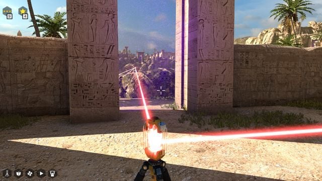 Teraz przekieruj promień przez złącze z środkowego złącza w powietrzu (od krateru) i drugim złączem skieruj na przycisk w bocznym korytarzu otwartym po zakończeniu zadania - Świat 2 | Road to Gehenna (DLC) Wszystkie gwiazdki | The Talos Principle - The Talos Principle - poradnik do gry