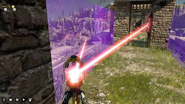 Idź mniej więcej do połowy drogi, gdzie dostrzeżesz fioletowe bariery między filarami, a wewnątrz - złącze i czerwony przycisk - Świat 3 | Road to Gehenna (DLC) Wszystkie gwiazdki | The Talos Principle - The Talos Principle - poradnik do gry