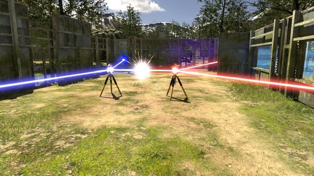 W pierwszej kolejności połącz oba złącza ze źródłami i przyciskami zgodnie z kolorami, lecz połącz je także ze sobą w jednej linii - Transfer | Road to Gehenna (DLC) Dodatkowy poziom | The Talos Principle - The Talos Principle - poradnik do gry