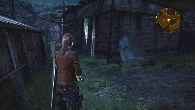 Następnie wróć się przed dom i stamtąd przejdź kawałek prosto, a w chałupie pokazanej na screenie znajdziesz Butelkę eksplodującą oraz, po zniszczeniu skrzynki, losowy przedmiot - Zbadaj okolicę | Kontemplacja - Claire | Resident Evil Revelations 2 - Resident Evil: Revelations 2 - Kolonia Karna - poradnik do gry