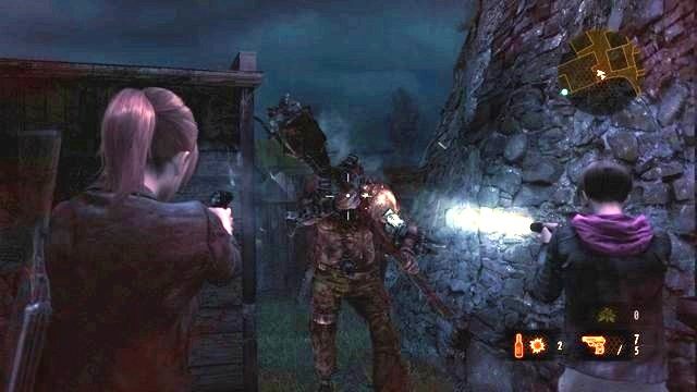 Przeciwnicy zeskakują z dachu oraz pojawiają się z prawej strony budynku. - Znajdź paliwo i akumulator | Kontemplacja - Claire | Resident Evil Revelations 2 - Resident Evil: Revelations 2 - Kolonia Karna - poradnik do gry
