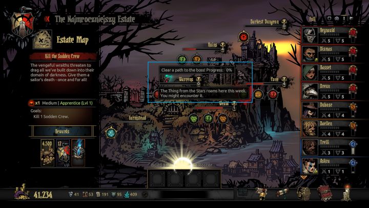 To, czy spotkasz bossa, sprawdzić można na mapie świata - przy nazwie lokacji będzie ikona stwora. - Darkest Dungeon The Color of Madness: Jak pokonać bossa Gwiezdny Stwór (Thing from the Stars)? - Darkest Dungeon - poradnik do gry