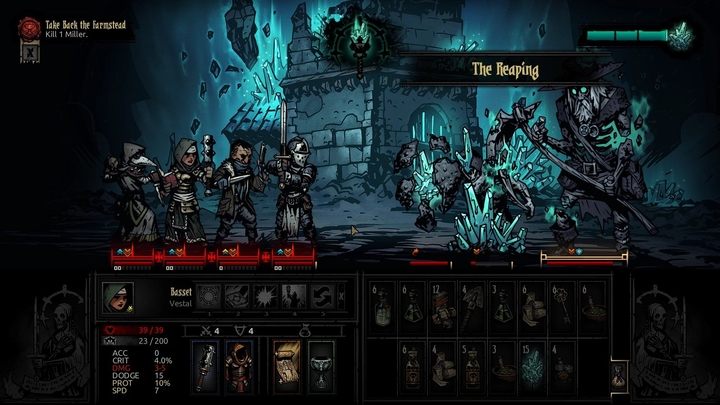 Najbardziej niebezpieczny jest atak The Reaping, który namierza całą drużynę gracza. - Darkest Dungeon The Color of Madness: Jak pokonać bossa Młynarz (The Miller)? - Darkest Dungeon - poradnik do gry