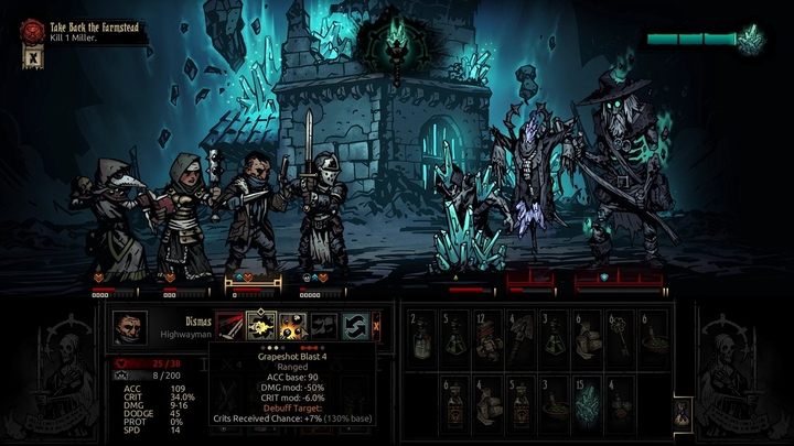 Startowa drużyna - Krzyżowiec, Oprych, Kapłanka i Badaczka Zarazy - świetnie radzą sobie z Młynarzem. - Darkest Dungeon The Color of Madness: Jak pokonać bossa Młynarz (The Miller)? - Darkest Dungeon - poradnik do gry