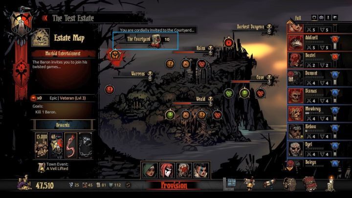 Ilość Zaproszeń na Dziedziniec sprawdzić można na ekranie wysyłania drużyny na misję. - Darkest Dungeon The Crimson Court: Wejście na Dziedziniec (Dziedziniec) - Darkest Dungeon - poradnik do gry