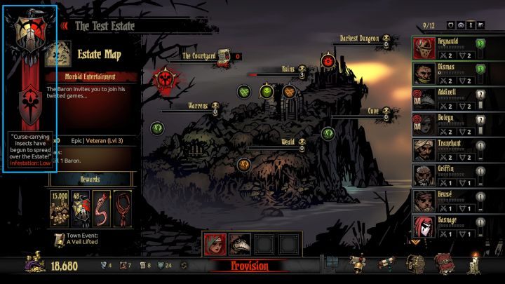Poziom Zarazy sprawdzić można w lewym górnym rogu ekranu służącego do wysyłania drużyny na misje. - Darkest Dungeon The Crimson Court: Jak zdobyć Zaproszenie na Dziedziniec? - Darkest Dungeon - poradnik do gry